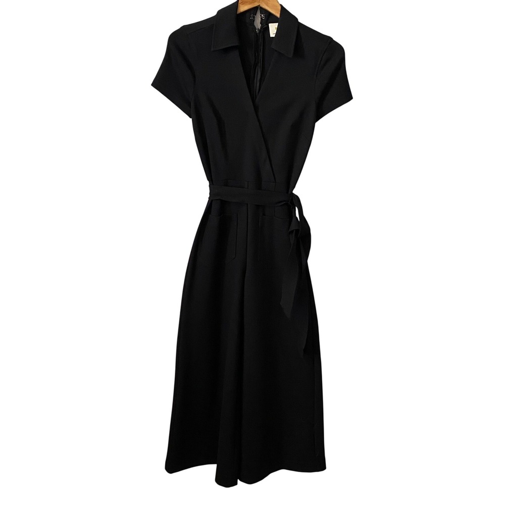 Maeve Anthropologie Dark Academia Black Wide Leg Chic Jumpsuit Belted Size 0